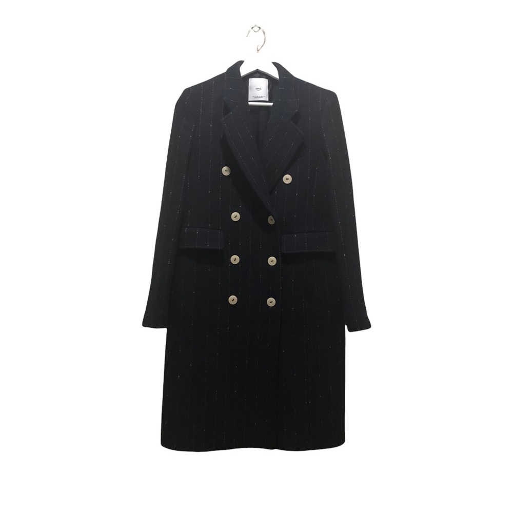 MNG Mango Navy Blue Pinstripe Wool Blend Double Breasted Suit Coat
